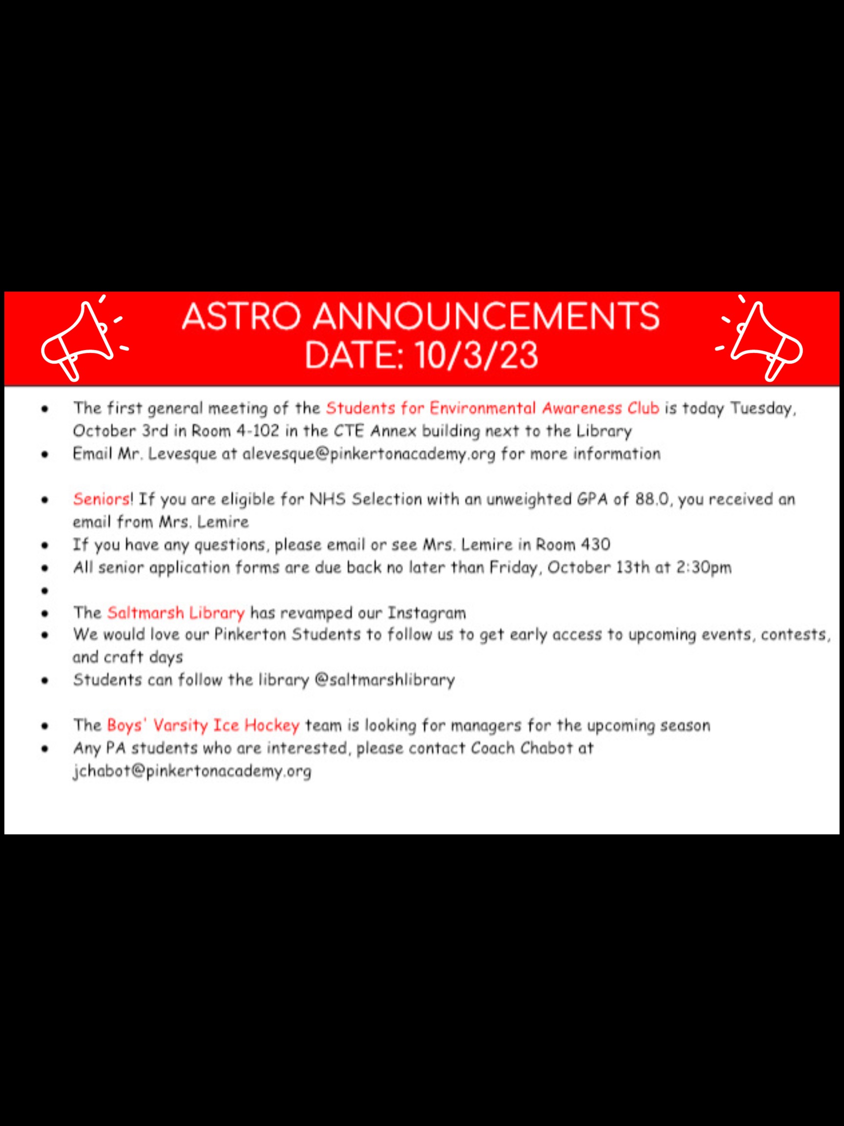 Astro Announcements 10/3