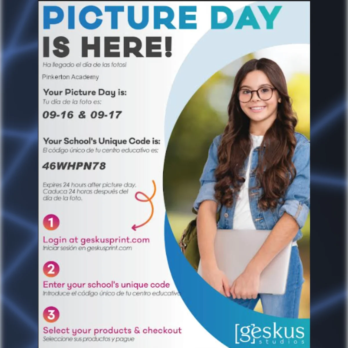 Picture day flyer with Spanish translation.