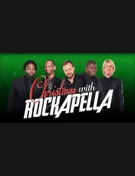 Christmas with Rockapella text overlay on a green background and a photo of the members of Rockapella